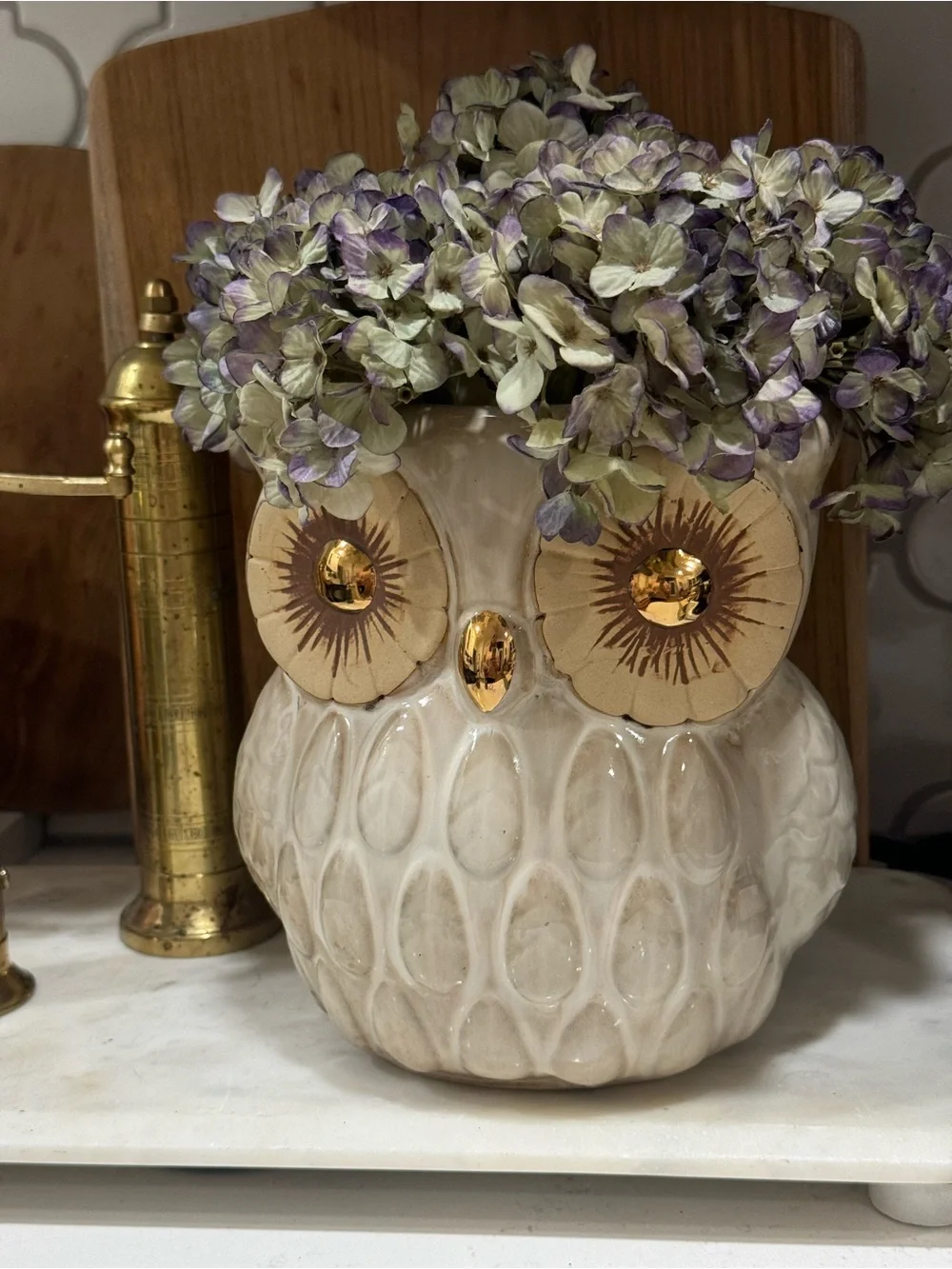 World Market Ceramic Owl Cookie Jar, Light Brown/ Cream with Gold